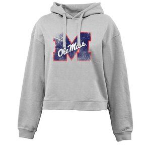 Ole Miss Distressed Big M Women's Waist length Hoodie SILVER